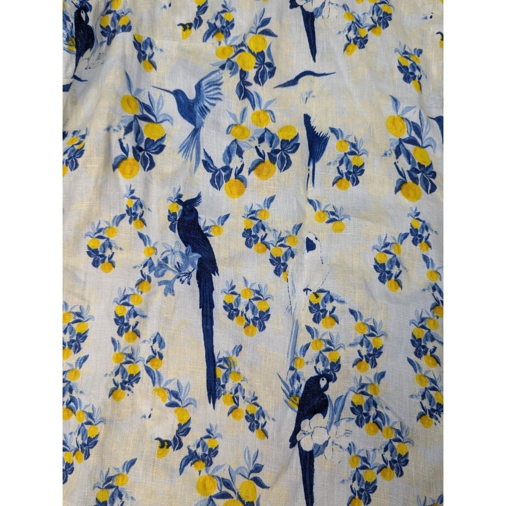 Isaac Mizrahi Women's Linen Button Front Shirt Blue Yellow 1X Floral Birds - Picture 2 of 9